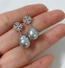 CZ snowflake dangle earrings - silver Tahitian pearls (E572)