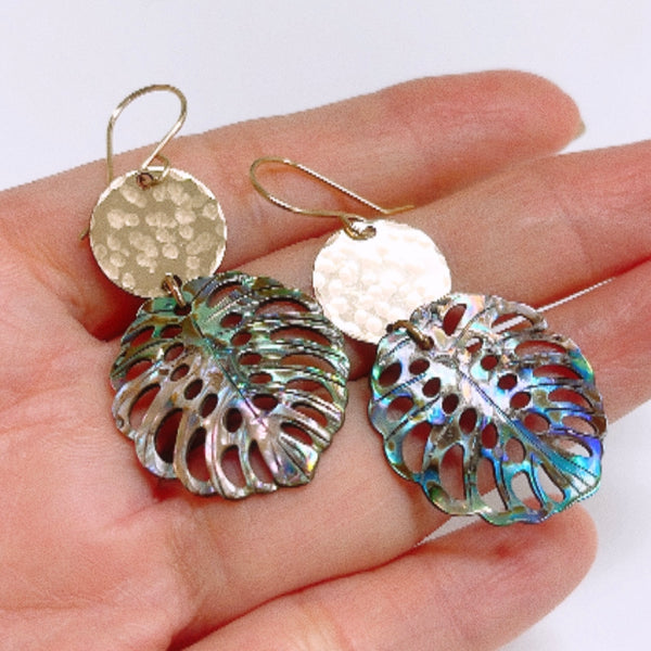 Authentic Abalone, Monstera Leaf, Gold Earrings