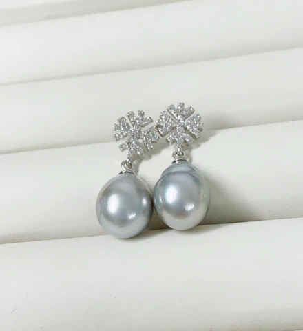 CZ snowflake dangle earrings - silver Tahitian pearls (E572)