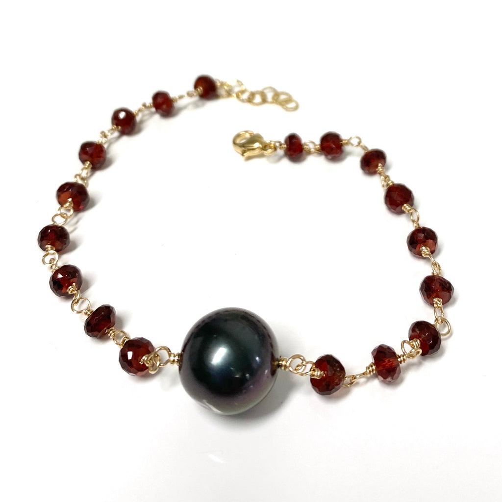 Necklace Maili - Tahitian pearl & garnet (B444)
