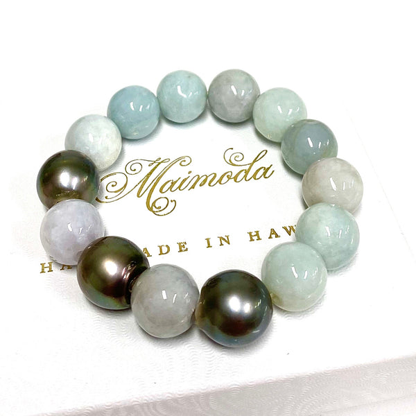 Jade and Tahitian pearls stretchy bracelet