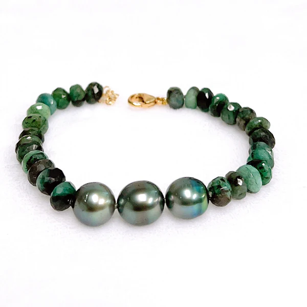 Bracelet LELA  - emerald & triple Tahitian pearls (B514)