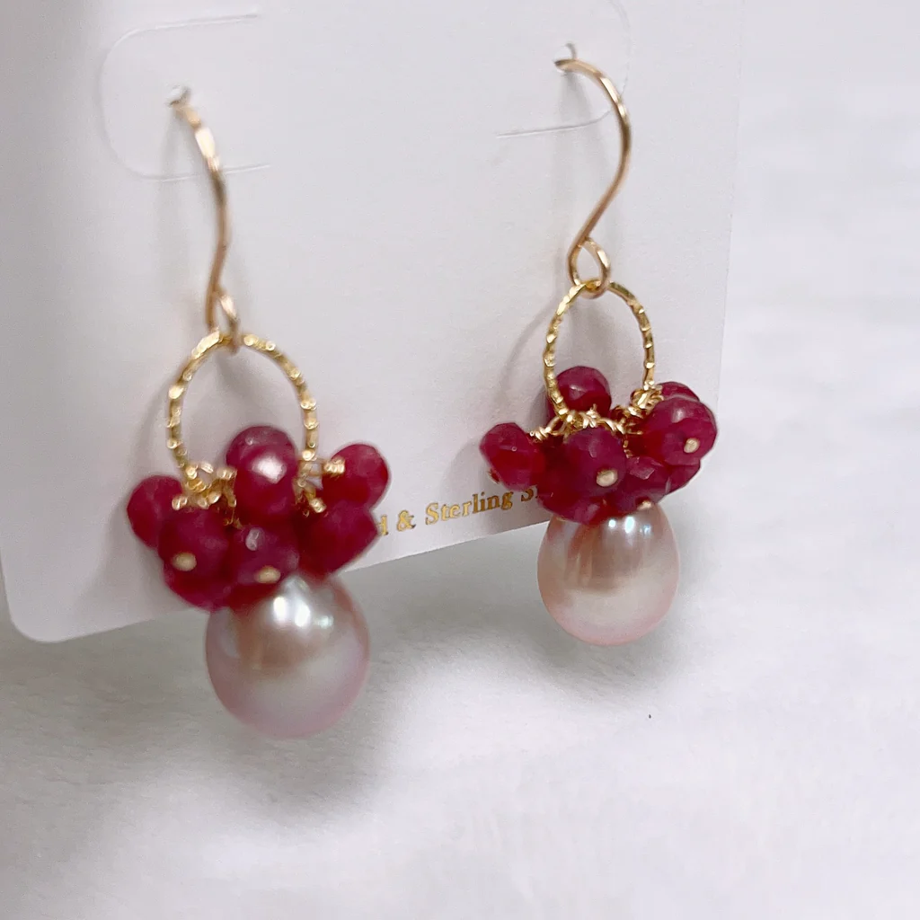 Earrings KIRA - pink Edison pearl & ruby (E616)