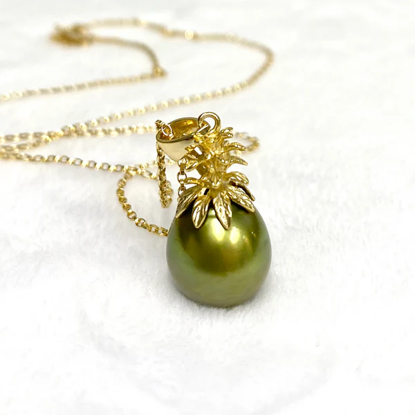 Pineapple pearl necklace - pistachio Tahitian pearl (N380)