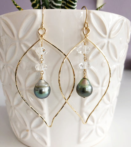 Earrings YURI - tahitian pearl & herkimer diamond (E508)