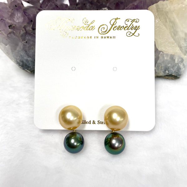 Double Momi studs earrings - gold south sea & Tahitian pearls