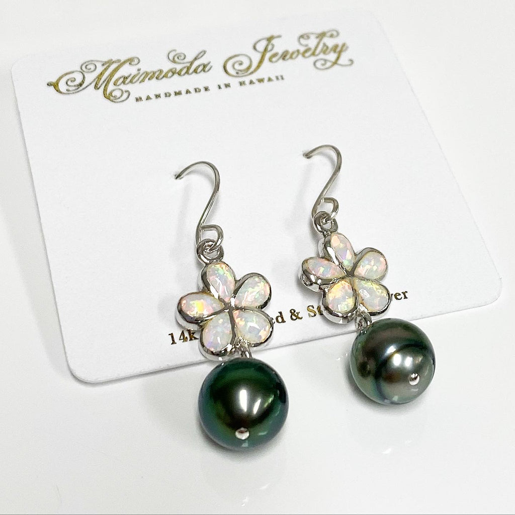 Opal plumeria and Tahitian pearls earrings (E573)