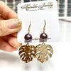 Monstera dangle earrings - purple Edison pearls (E577)