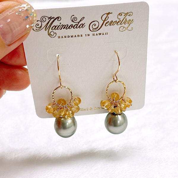 Earrings KIRA - Tahitian pearl & citrine (E624)