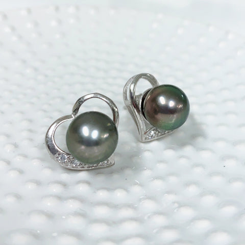 CZ Heart earrings - Tahitian pearl (E570)