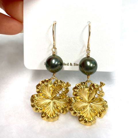 CZ Hibiscus earrings - Tahitian pearls