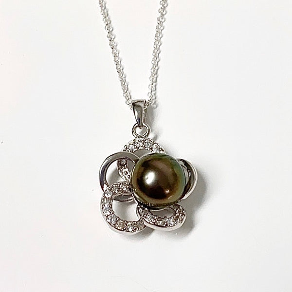 CZ plumeria pendant necklace - Tahitian pearl (N330)