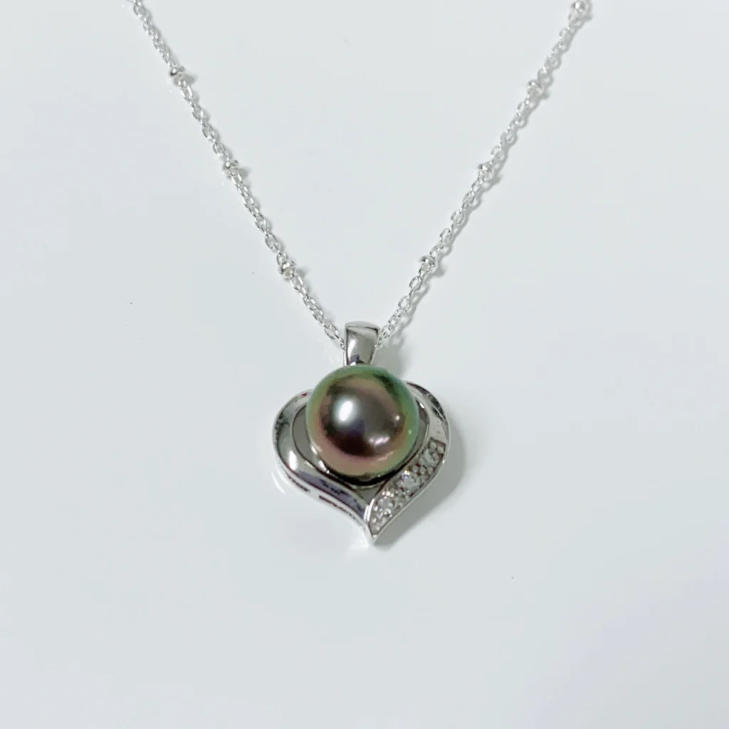 CZ heart pendant necklace - Tahitian pearl (N329)