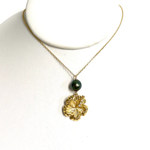 Hibiscus pendant necklace - Tahitian pearl ( N345)