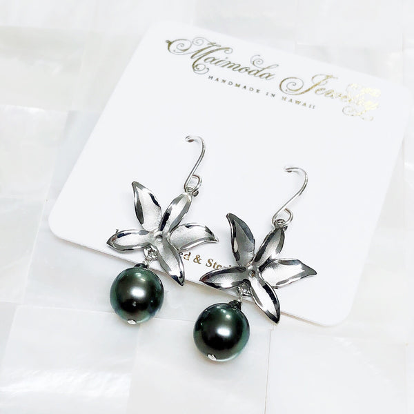 Orchid earrings - 5 petals with tahitian pearls (E514)