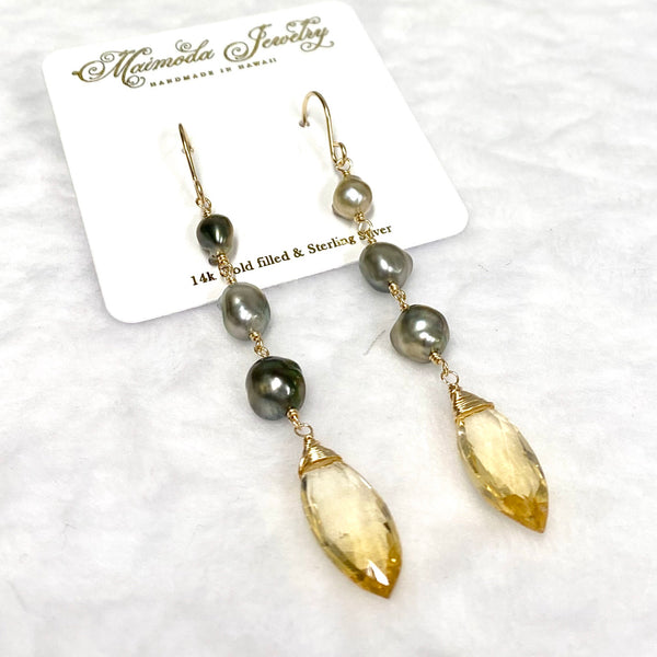 Keshi Tahitian pearls & citrine earrings