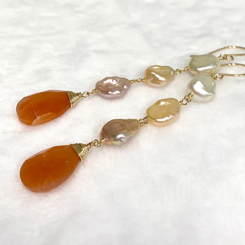 Sunstone and keshi Edison pearls drop earrings