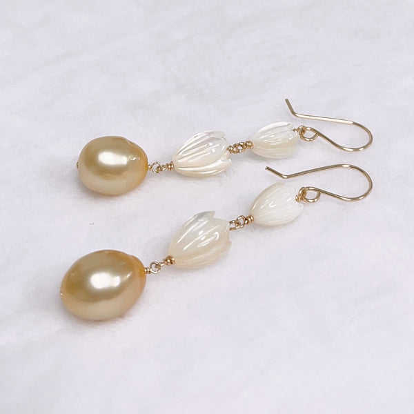 Pikake dangle earrings - gold south sea pearls (E615)