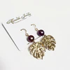 Monstera dangle earrings - purple Edison pearls (E577)