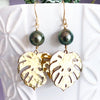 Monstera & tahitian pearl earrings (E495)