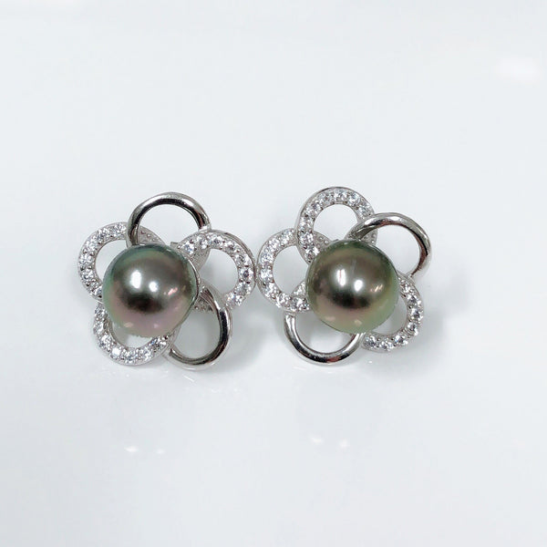 CZ Plumeria stud earrings- tahitian pearls (E568)