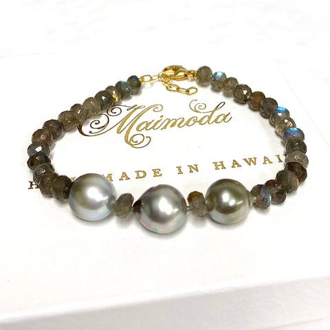 Bracelet LELA - silver Tahitian pearls & labradorite (B487)