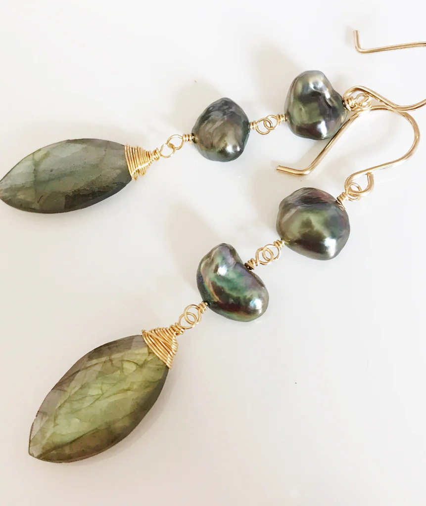 Labradorite & Keshi tahitian pearls earrings (E378)