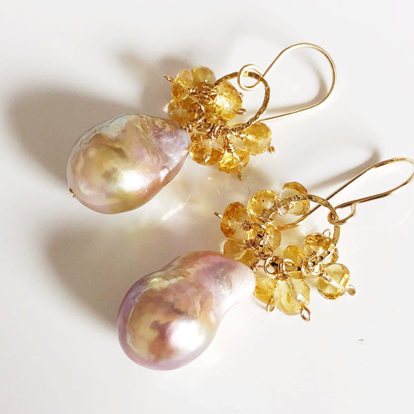 Baroque Edison pearl earrings - citrine (E518)