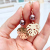 Monstera dangle earrings - purple Edison pearls (E577)